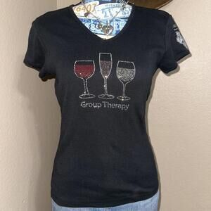 Y2k black bedazzled wine graphic baby tee that says “group therapy”